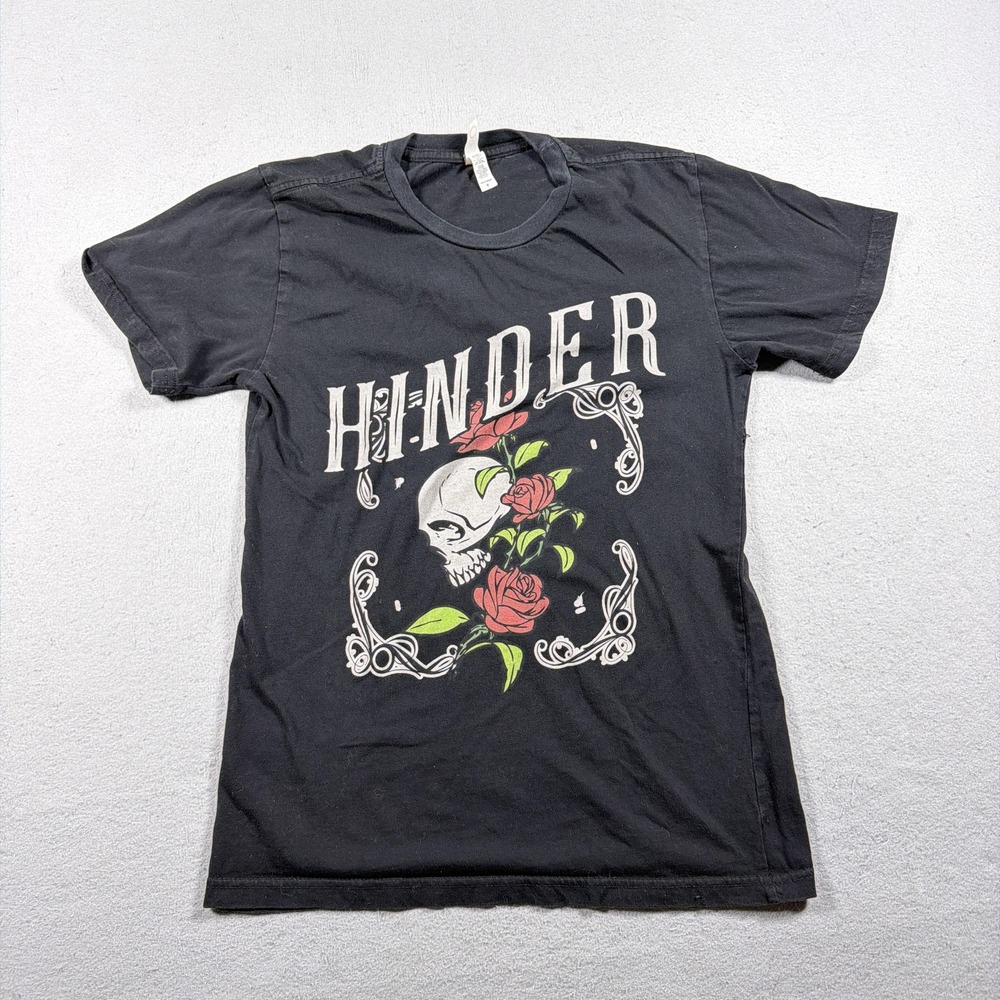 Vintage Hinder Shirt Womens Small Black Skull Rose Graphic Band Tee Y2K Rock